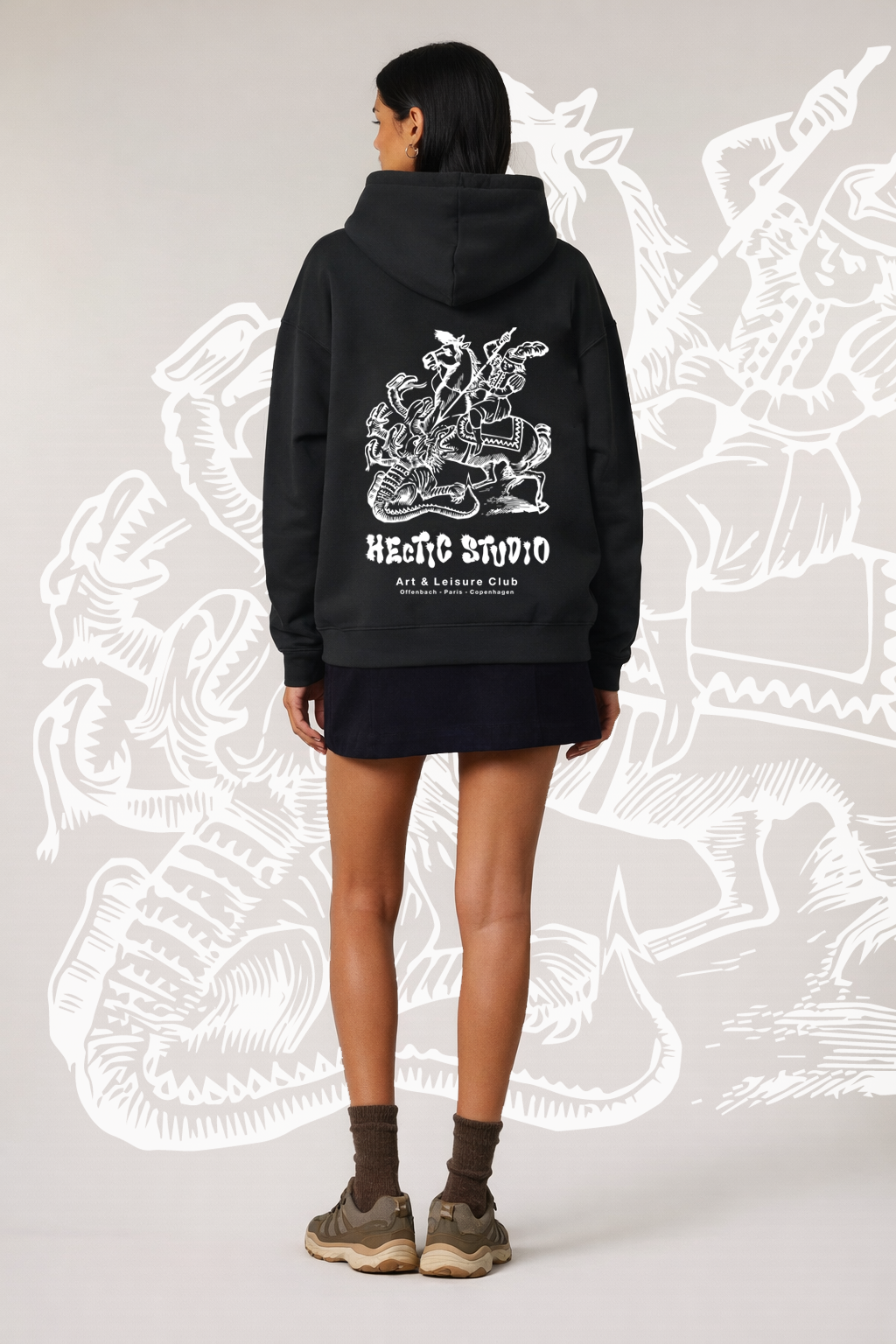 Ritter Drache Hoodie | Europäischer Holzschnitt Pullover | Mittelalter Kunst | Wearable Art | Heavy Oversize - Fluffy Boxcut Hoodie – Bild 3