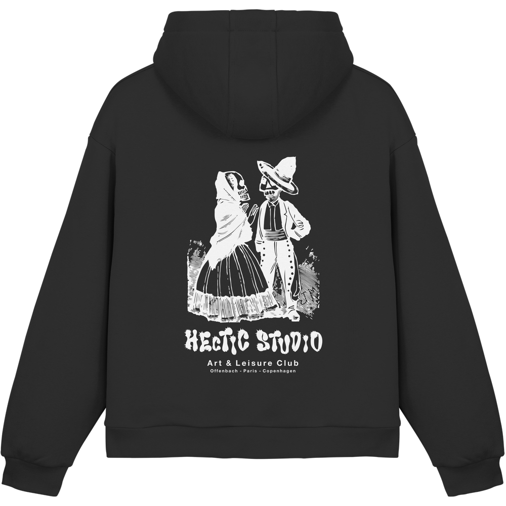 Skelett Paar Hoodie | Mexikanische Kunst Calavera | Holzschnitt Pullover | Wearable Art | Heavy Oversize - Fluffy Boxcut Hoodie