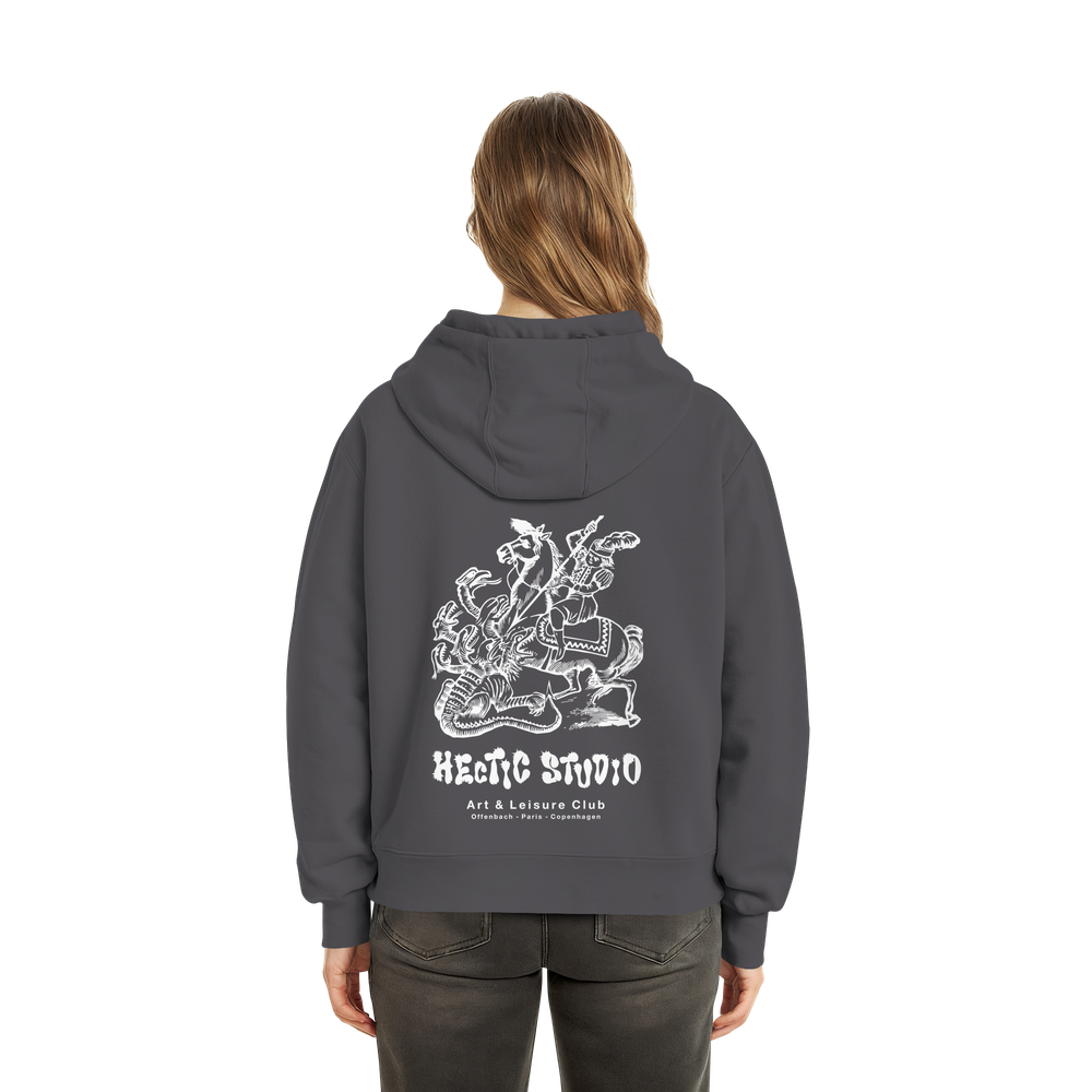 Ritter Drache Hoodie | Europäischer Holzschnitt Pullover | Mittelalter Kunst | Wearable Art | Heavy Oversize - Fluffy Boxcut Hoodie – Bild 9